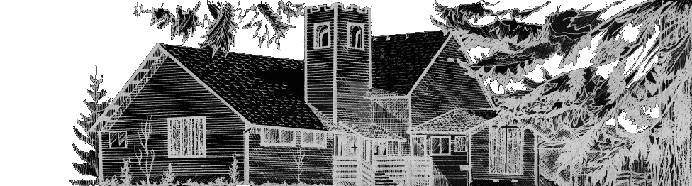 Line drawing of Scholls Community Church and surrounding trees